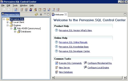 The pervasive SQL control center window.